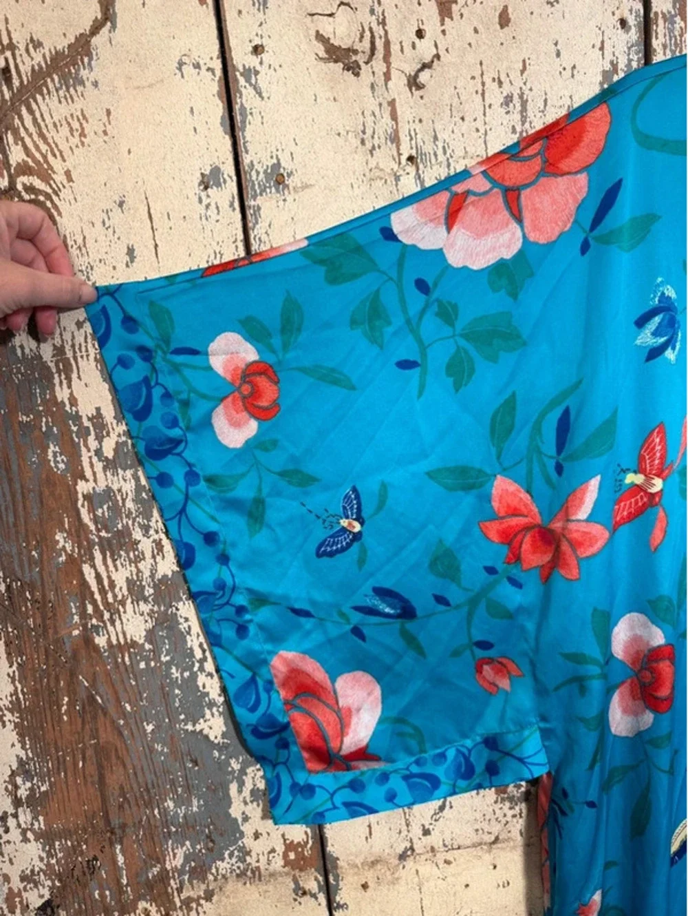 Natori blue Floral Butterfly Caftan Maxi size XL